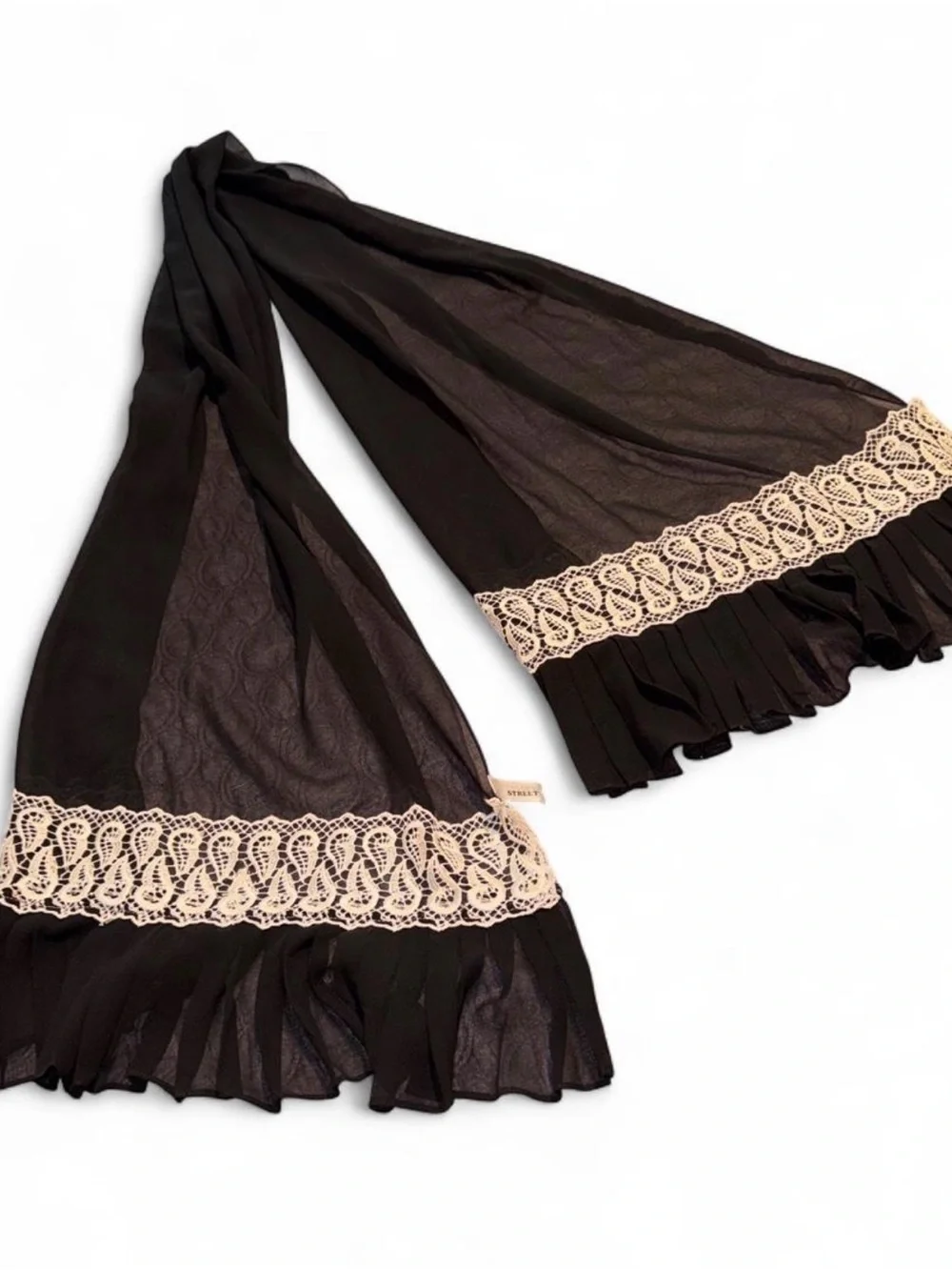 Y2K Black Scarf with Cream Lace Trim - Women's Accessory